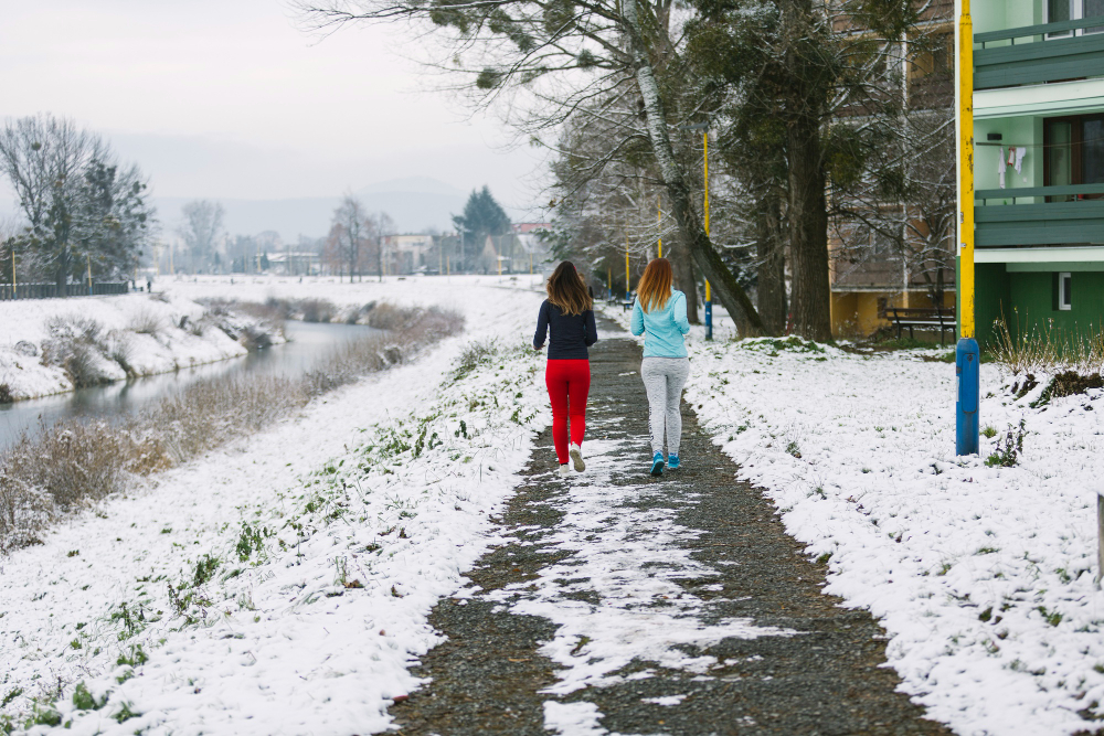 Two friends walking in the snow during winter.